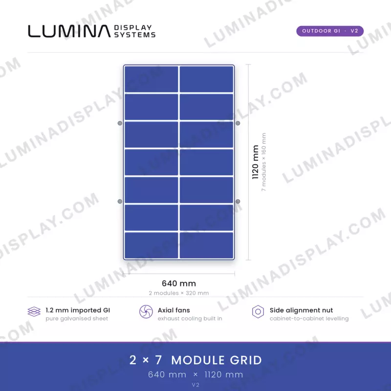 V2 MS GI outdoor LED cabinet 640 x 1120 mm, fan-cooled, bezel-free back-service frame – Lumina