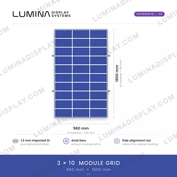 Tall V2 MS GI outdoor LED cabinet 960 x 1600 mm, fan-cooled, no bezel, back service – Lumina
