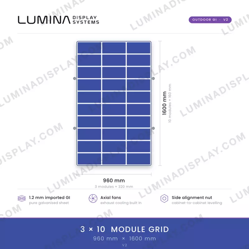Tall V2 MS GI outdoor LED cabinet 960 x 1600 mm, fan-cooled, no bezel, back service – Lumina