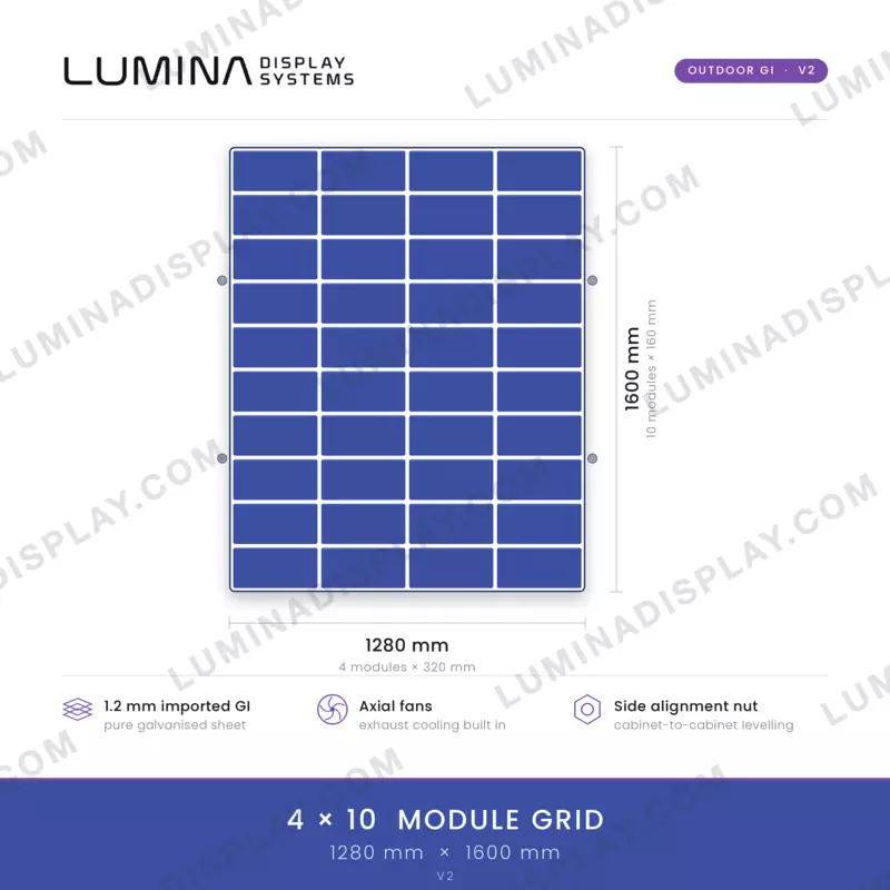 Tall V2 MS GI outdoor LED cabinet 1280 x 1600 mm with fans and no bezel – Lumina Display Systems