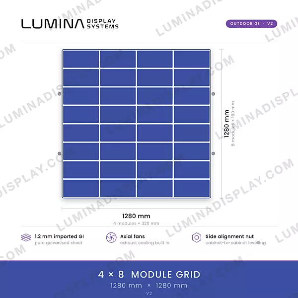 Square V2 MS GI outdoor LED cabinet 1280 x 1280 mm with cooling fans, no bezel – Lumina