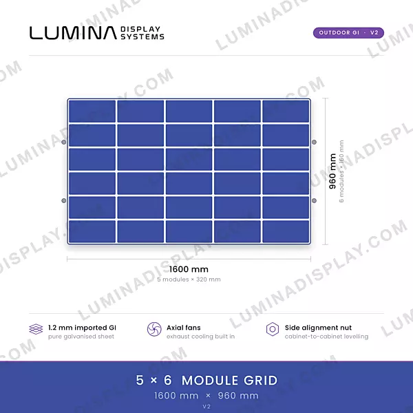 Fan-cooled bezel-free MS GI outdoor LED cabinet 1600 x 960 mm V2 – Lumina Display Systems