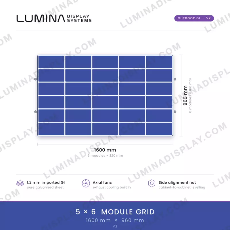 Fan-cooled bezel-free MS GI outdoor LED cabinet 1600 x 960 mm V2 – Lumina Display Systems