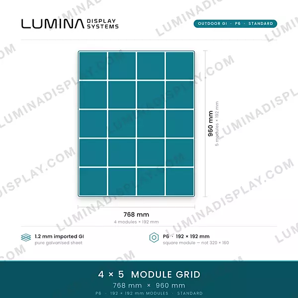 MS GI outdoor P6 LED cabinet 768 x 960 mm for 192 x 192 modules, powder-coated – Lumina
