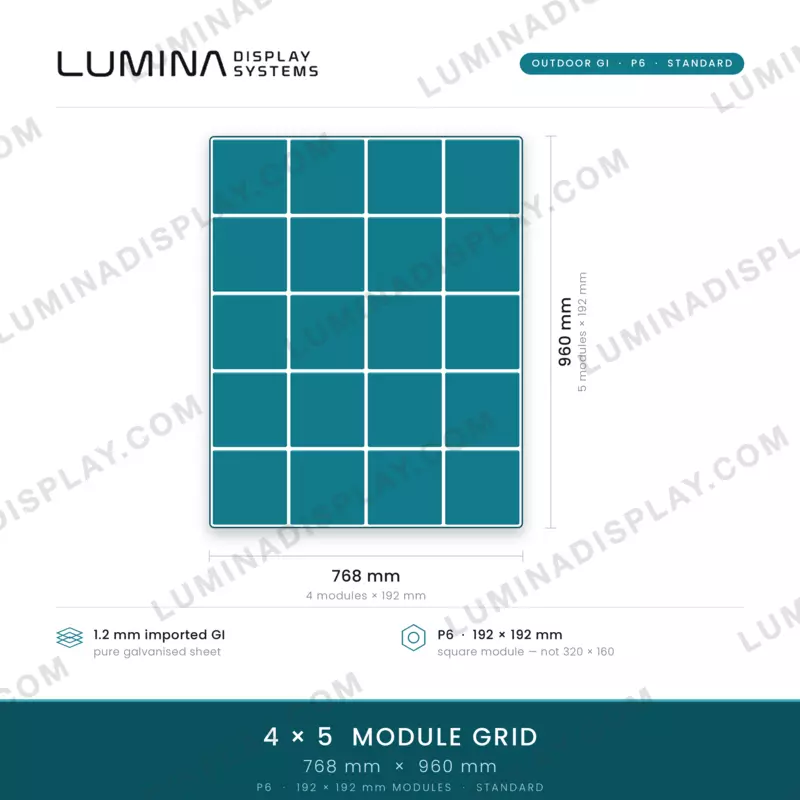 MS GI outdoor P6 LED cabinet 768 x 960 mm for 192 x 192 modules, powder-coated – Lumina