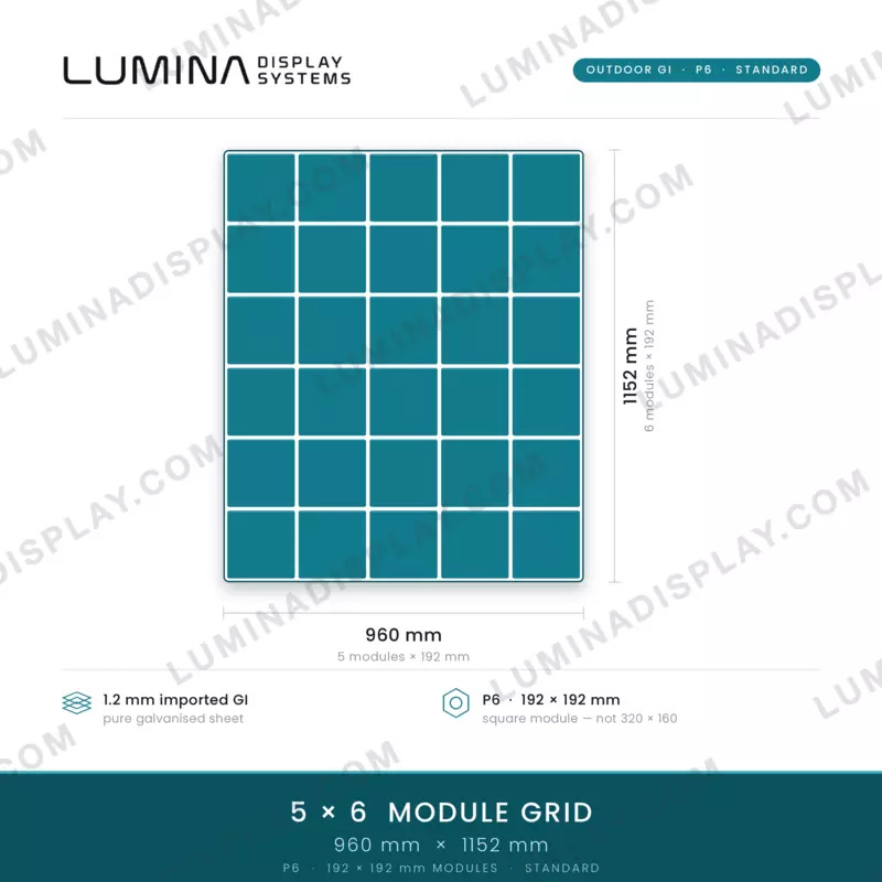 Black MS GI outdoor P6 LED cabinet 960 x 1152 mm for 192 x 192 modules, back service – Lumina