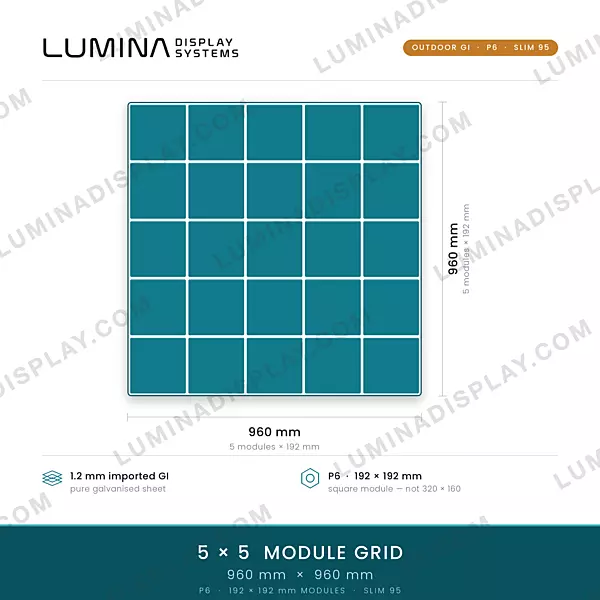 Slim95 MS GI outdoor P6 LED cabinet 960 x 960 mm for 192 x 192 modules, 95 mm deep – Lumina
