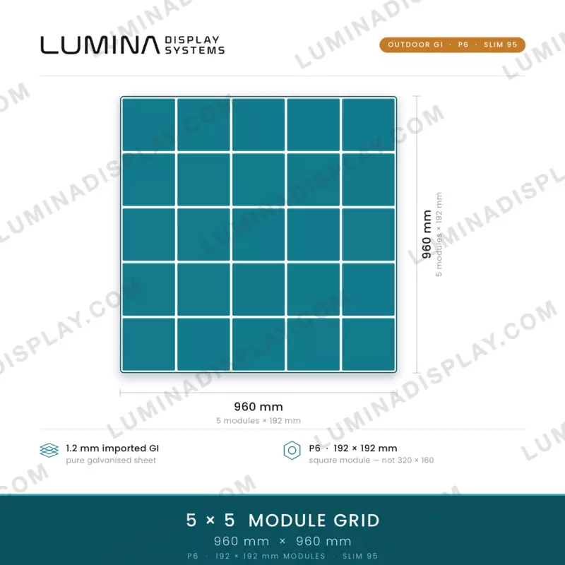 Slim95 MS GI outdoor P6 LED cabinet 960 x 960 mm for 192 x 192 modules, 95 mm deep – Lumina