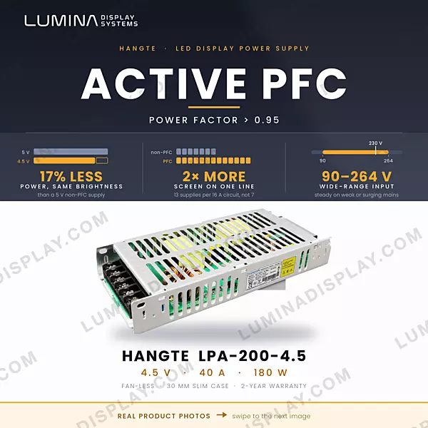 Hangte LPA-200-4.5 slim fan-less 4.5 V 40 A LED display power supply, 30 mm high – Lumina