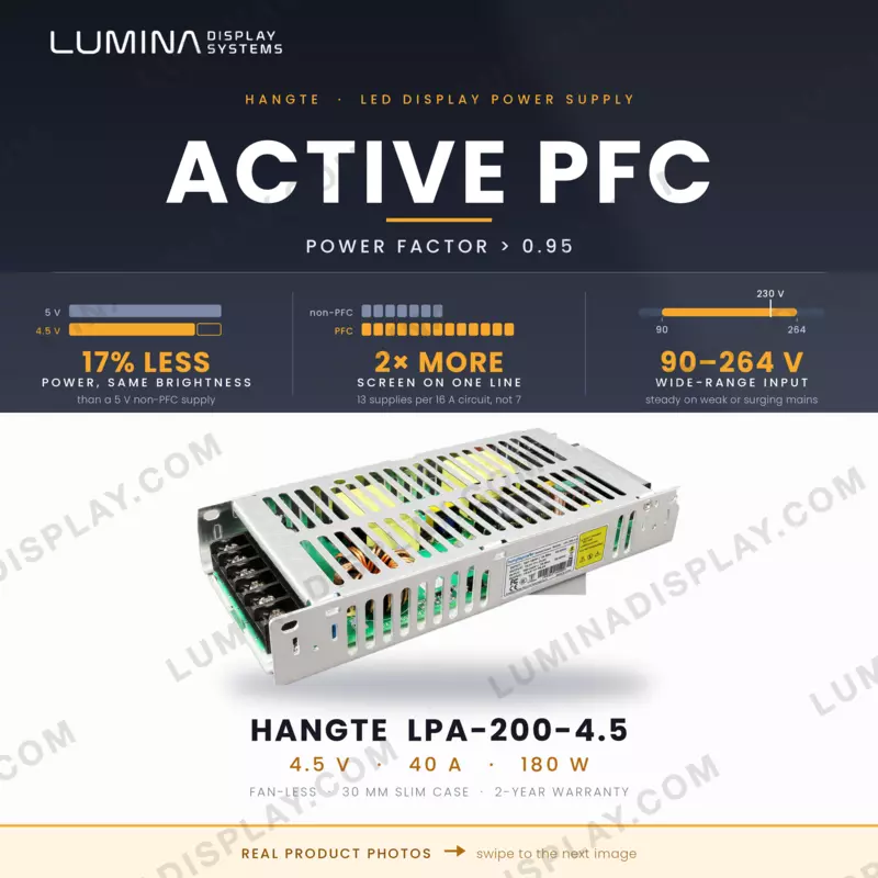 Hangte LPA-200-4.5 slim fan-less 4.5 V 40 A LED display power supply, 30 mm high – Lumina