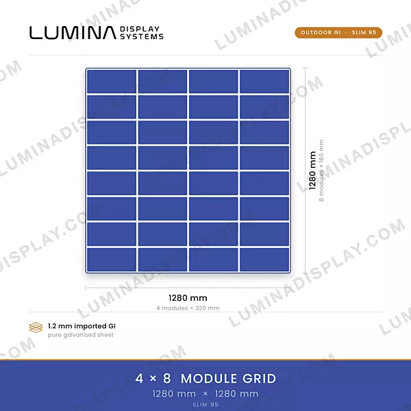 Slim95 MS GI outdoor P4 LED cabinet 1280 x 1280 mm, only 95 mm deep, back service – Lumina