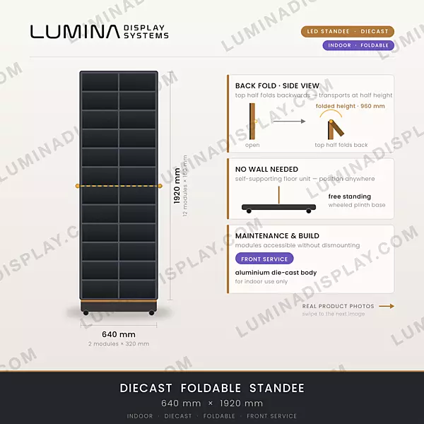 Foldable aluminium diecast indoor LED standee cabinet 640 x 1920 mm, front service – Lumina