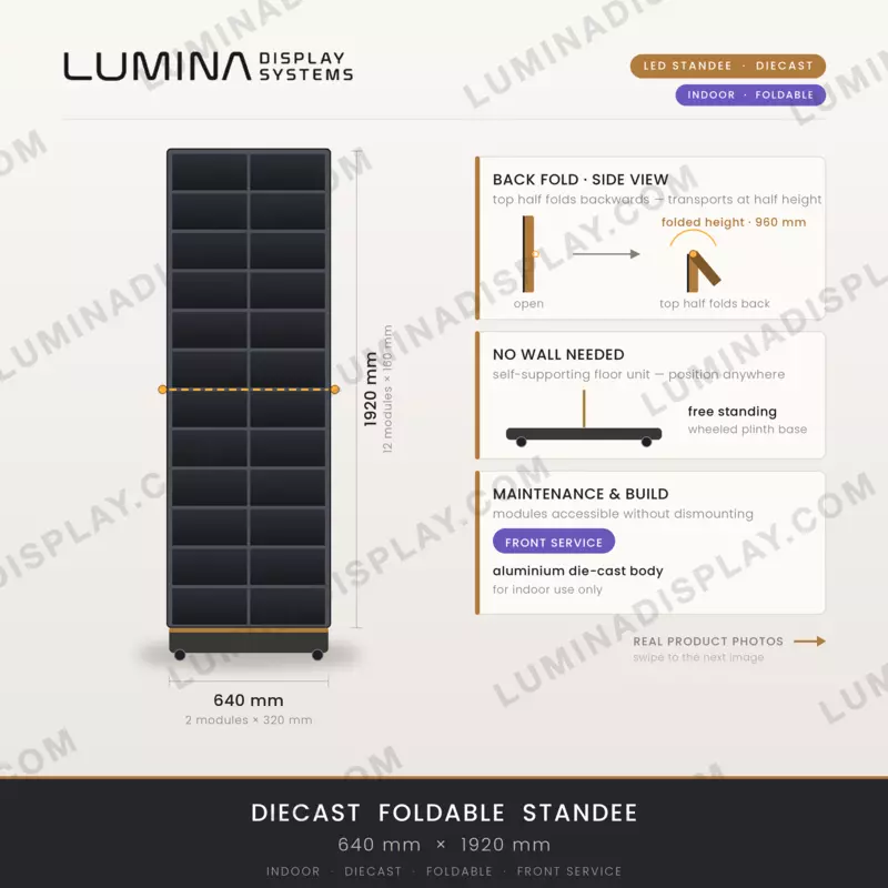 Foldable aluminium diecast indoor LED standee cabinet 640 x 1920 mm, front service – Lumina