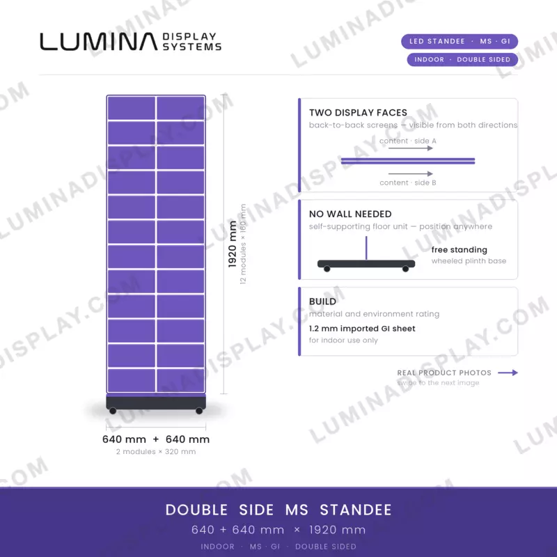 Double-sided indoor LED standee MS cabinet 640 + 640 x 1920 mm, powder-coated GI – Lumina