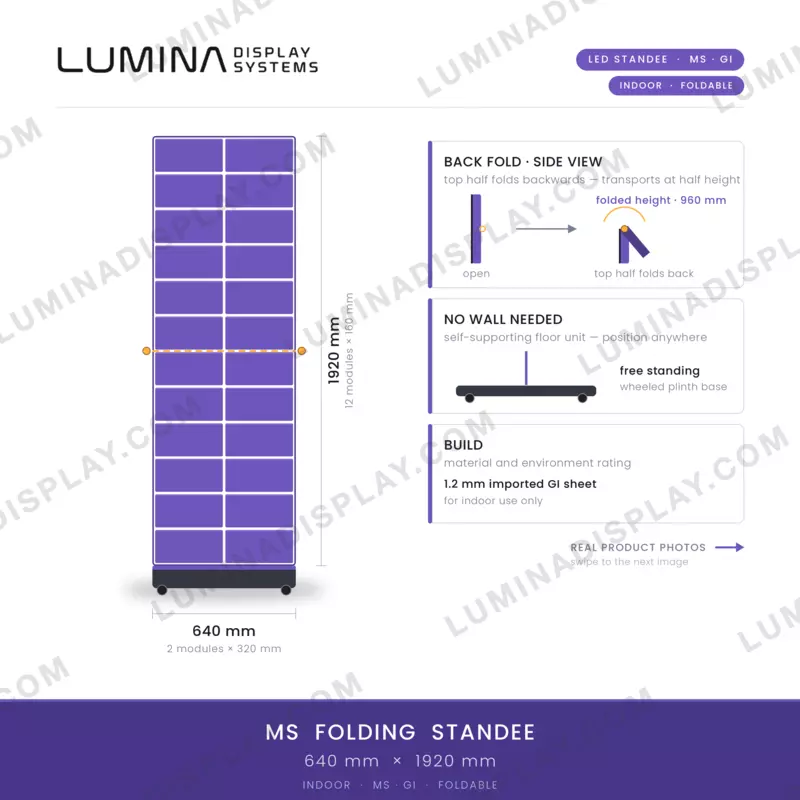 MS folding indoor LED standee cabinet 640 x 1920 mm, powder-coated 1.2 mm GI – Lumina