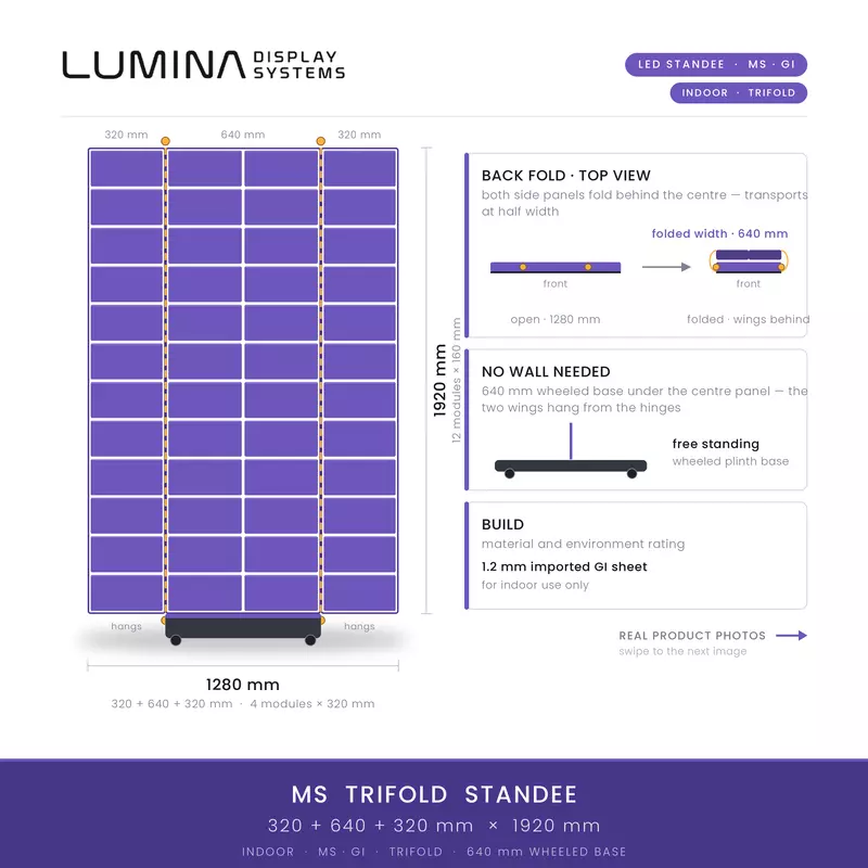 Indoor tri-fold LED standee MS cabinet 1280 x 1920 mm, folding wings, wheeled base – Lumina