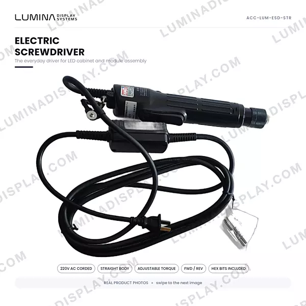 Straight-body 220 V corded electric screwdriver with bits for LED cabinet assembly – Lumina