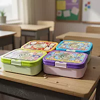 Plastic Cartoon Print Tiffin Box Lunch Box for Kids (Pink)