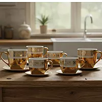 Set of 6 Gold-Plated/Metallic Espresso Cups - Greek Key & Elephant Design