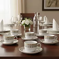 La Opala Diva Sovrana Collection Opal Glass Cups and Saucers with a Moroccan Gold design