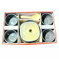 6-Piece Dinner Set | 4 Grey Speckled Bowls, 1 Serving Bowl with Lid, and 1 Serving Spoon