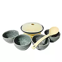 6-Piece Dinner Set | 4 Grey Speckled Bowls, 1 Serving Bowl with Lid, and 1 Serving Spoon