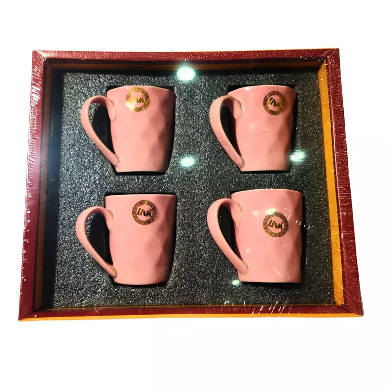 LIVA Set of 4 Pink Faceted Ceramic Mugs - Ready-to-Gift Box