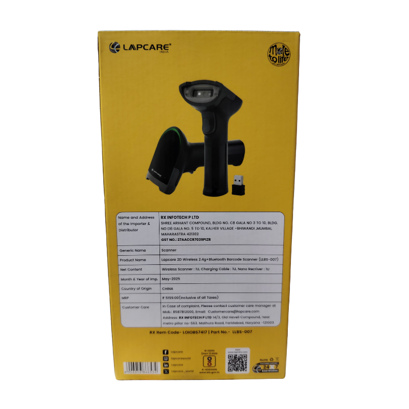 Lapcare 2D Wireless Barcode Scanner – 2.4GHz + Bluetooth | Fast Scanning | POS & Retail Use