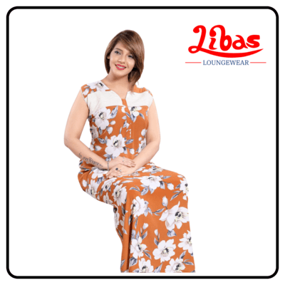 Large half white floral prints on orange soft cotton sleevless nighty from libas loungewear-SL034