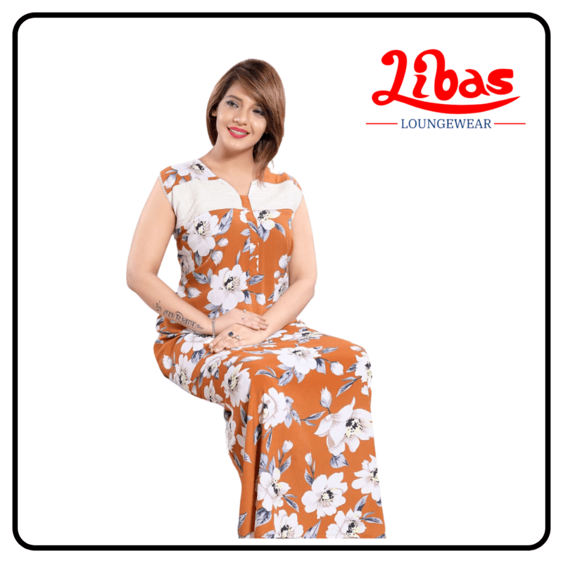 Large half white floral prints on orange soft cotton sleevless nighty from libas loungewear-SL034