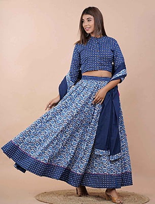 Hand Block Printed Lehenga-Blue