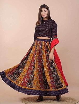 Hand Block Printed Lehenga-Brown
