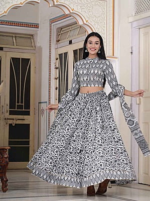 Hand Block Printed Lehenga-Grey