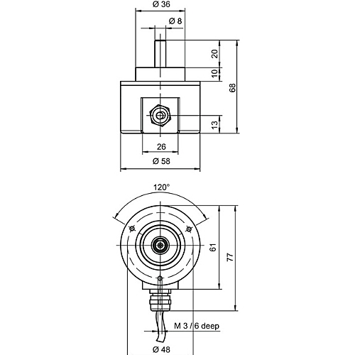 Technical drawing with dimensions for Leuze EI 1058-S08x20C-2500T-020R