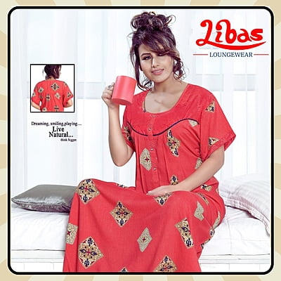Rani Red Soft Cotton Nighty With Floral Design All Over From Libas Loungewear - PS521