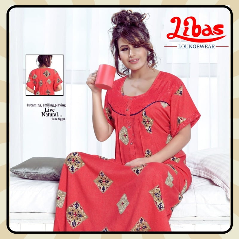 Rani Red Soft Cotton Nighty With Floral Design All Over From Libas Loungewear - PS521 Rani Red Soft Cotton Nighty With Floral Design All Over From Libas Loungewear - PS521