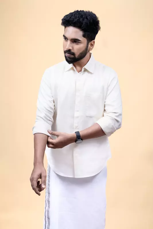 Men's Full Sleeve Embroidered Shirt - Beige