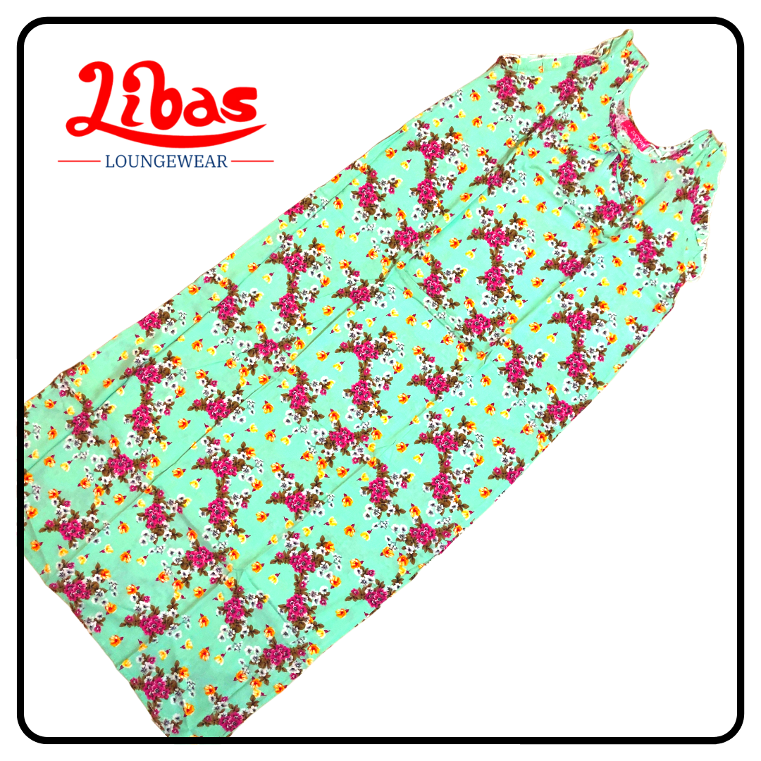 Light greyish green based floral printed rayon sleevless nighty from libas loungewear-SL046