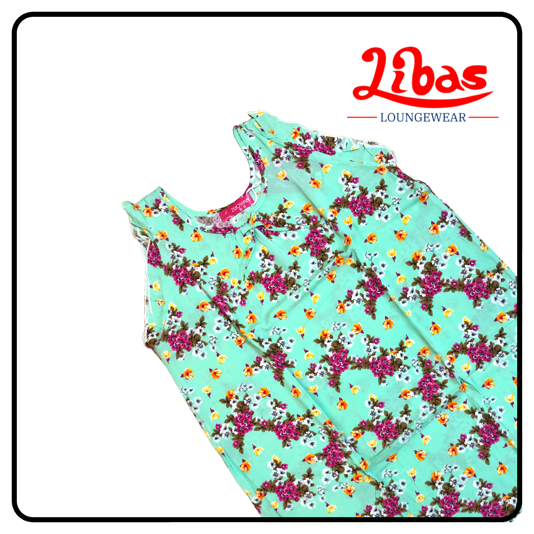 Light greyish green based floral printed rayon sleevless nighty from libas loungewear-SL046