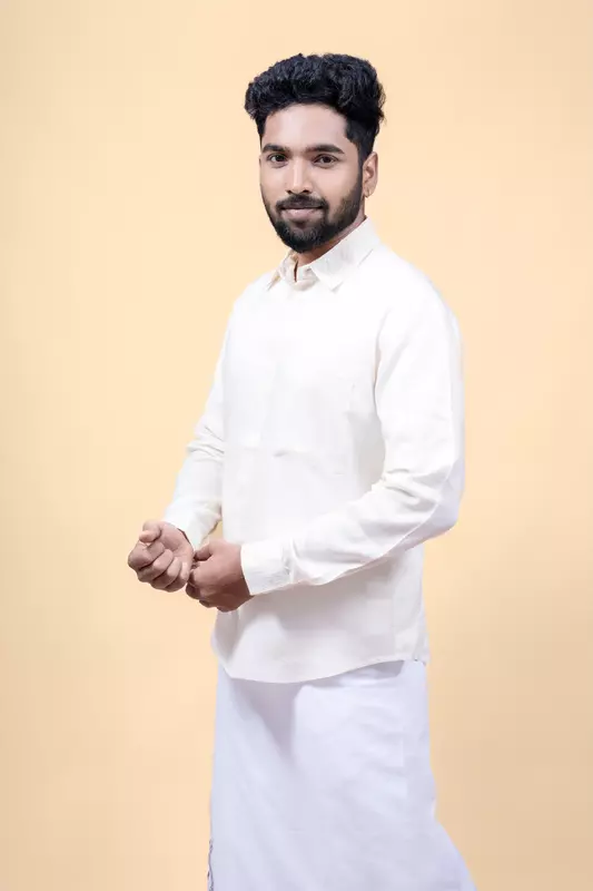 Men's Full Sleeve Embroidered Shirt - Beige