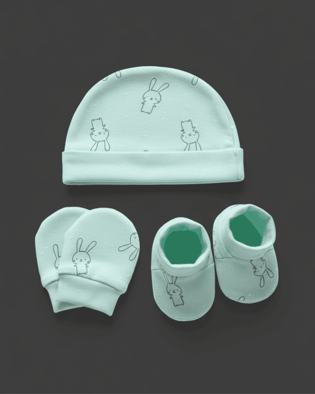 LittleToons Baby Essentials 3-Piece Set – Soft Cotton Cap, Mittens & Booties for Newborns (0–3 Months)