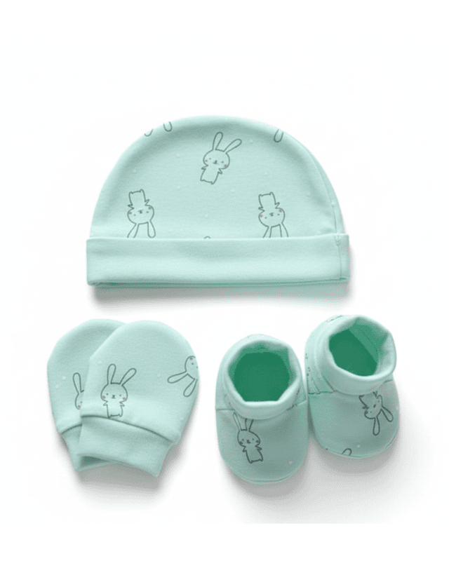 LittleToons Baby Essentials 3-Piece Set – Soft Cotton Cap, Mittens & Booties for Newborns (0–3 Months)