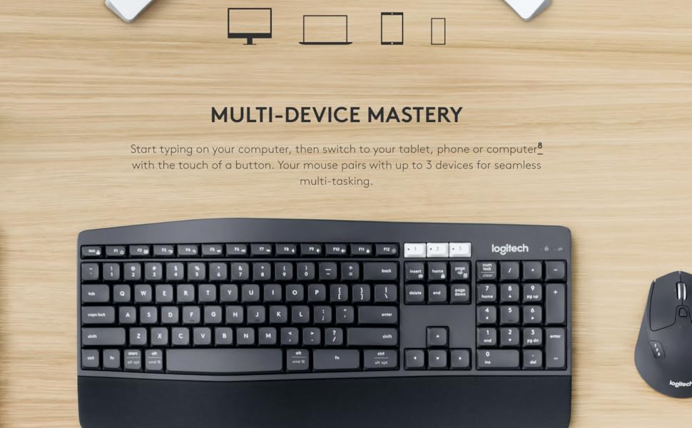 Logitech MK850 Multi-Device Wireless Keyboard and Mouse Set, 2.4GHz Wireless & Bluetooth, Curved Keyframe , 12 Programmable Keys for PC/Mac (Black) Logitech MK850 Multi-Device Wireless Keyboard and Mouse Set, 2.4GHz Wireless & Bluetooth, Curved Keyframe , 12 Programmable Keys for PC/Mac (Black)