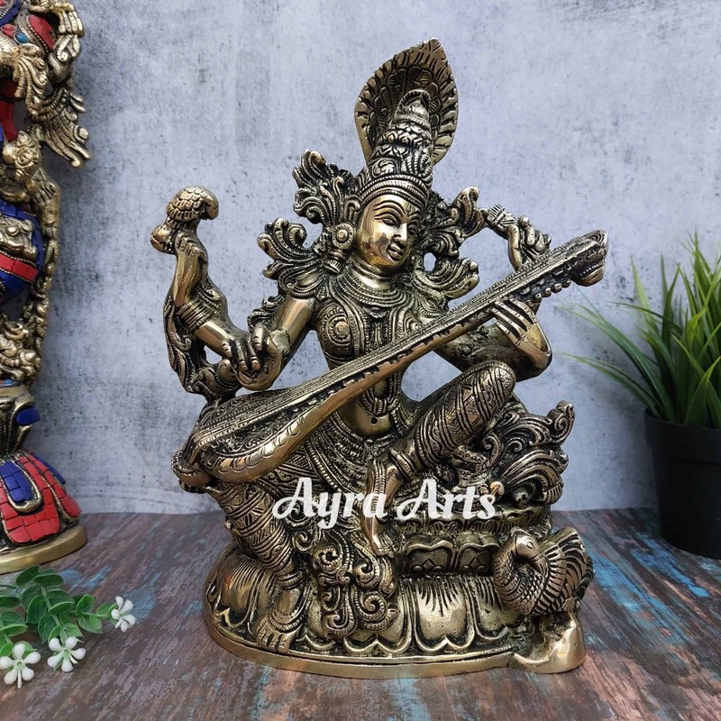 Brass Saraswati Idol - 11 inch Height | Divine Craftsmanship