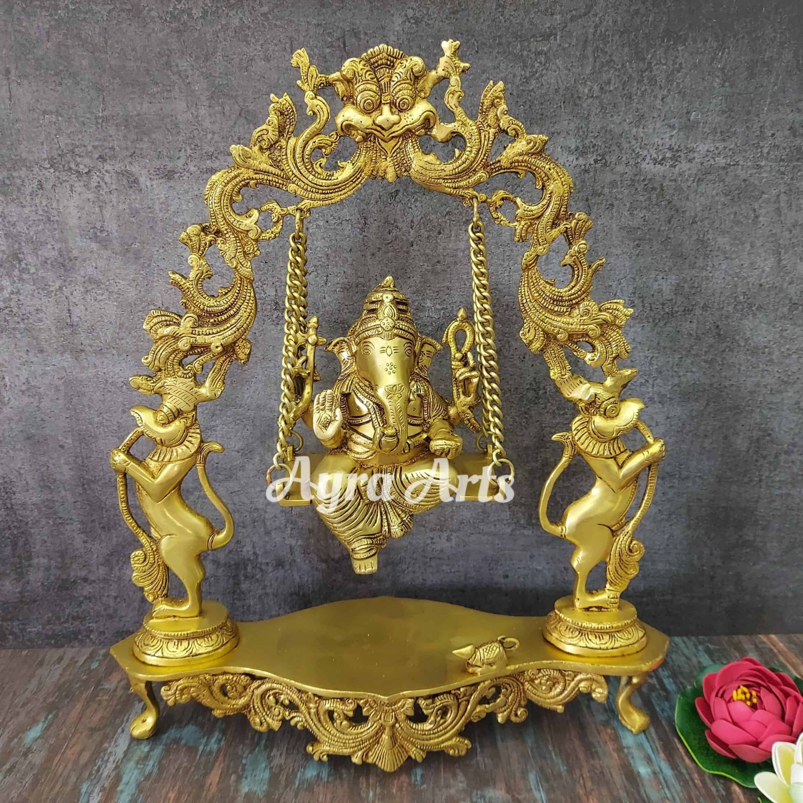 Brass Gold Toned Ganesha on Jhula - 18 inch Height | Limited Edition