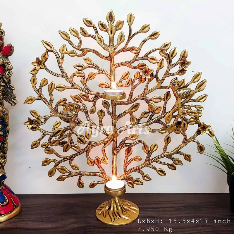 Brass Kalpavriksh Tree with Candle Holders - 17 inch Height | Serene Ambience