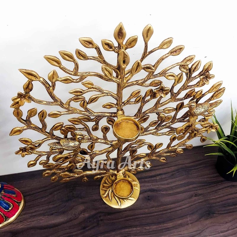 Brass Kalpavriksh Tree with Candle Holders - 17 inch Height | Serene Ambience
