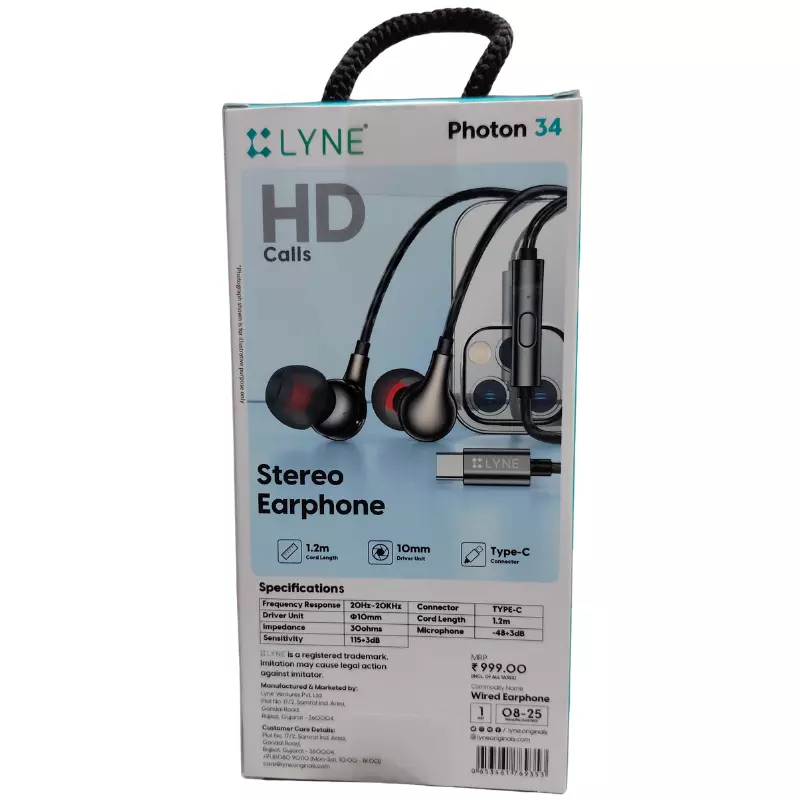 Lyne Photon 34 Wired Earphones – Clear Stereo Sound | In-Ear Design | Music & Calls