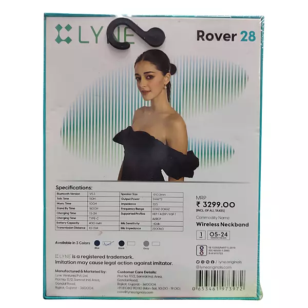 Lyne Rover 28 Wireless Bluetooth Neckband – Stereo Sound | Comfortable Fit | Music & Calls