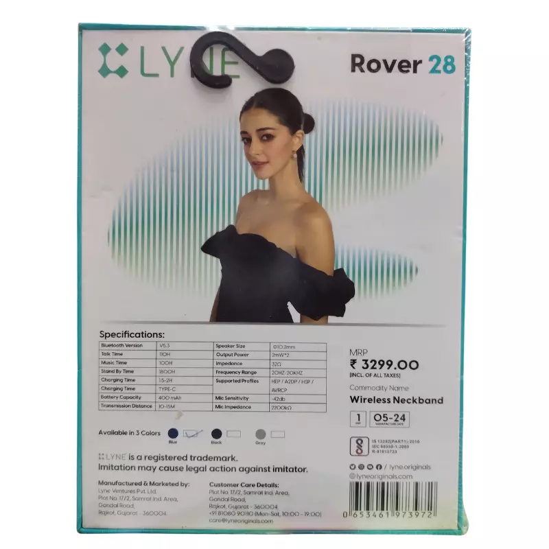 Lyne Rover 28 Wireless Bluetooth Neckband – Stereo Sound | Comfortable Fit | Music & Calls